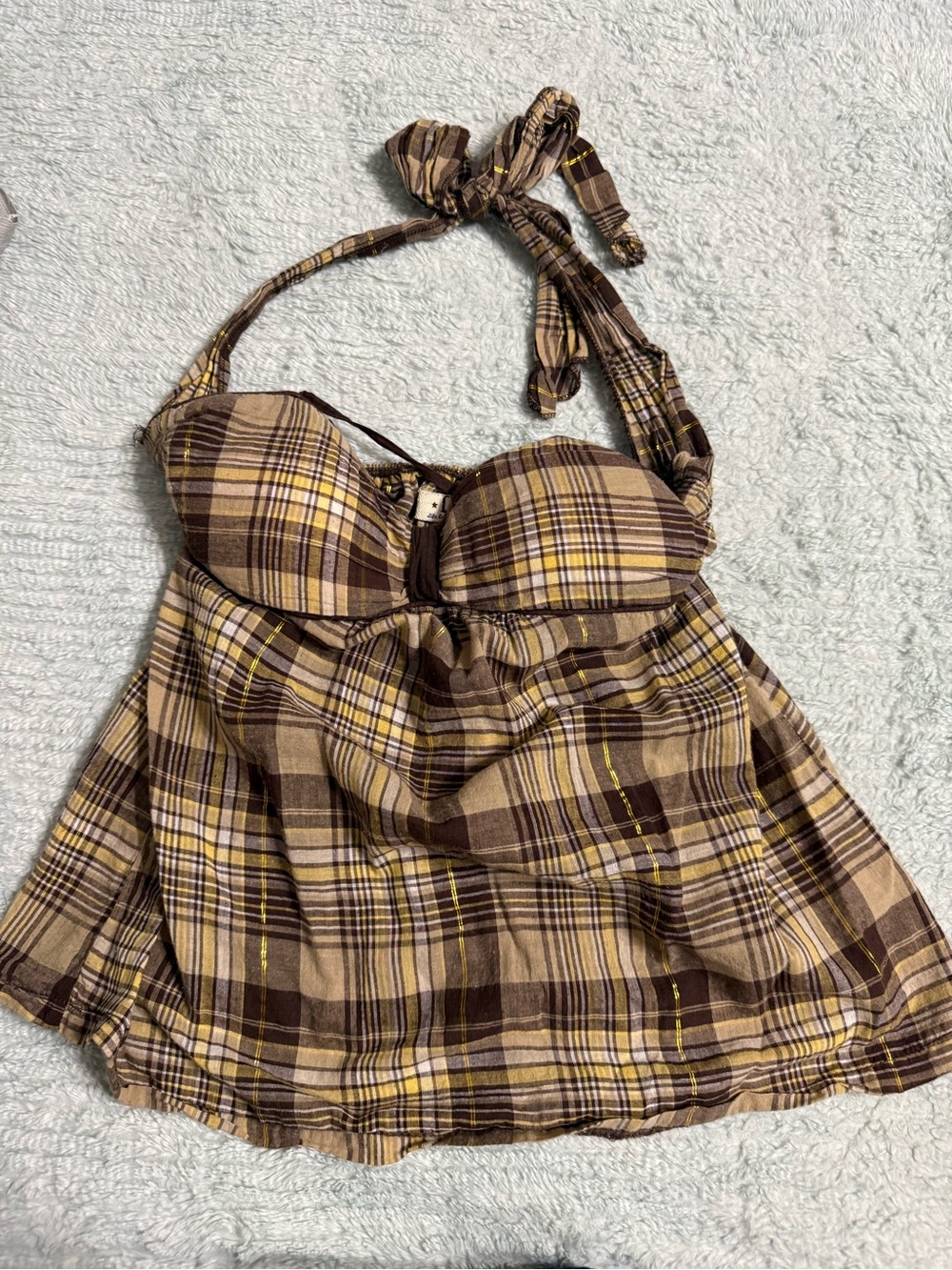lei Plaid Halter Babydoll Top in Brown, Tan and Yellow